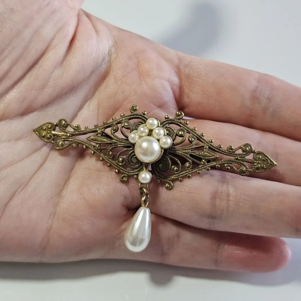 Vintage Victorian Style Filigree & Pearls Pearl Drop Brooch Gilded Brass Metal